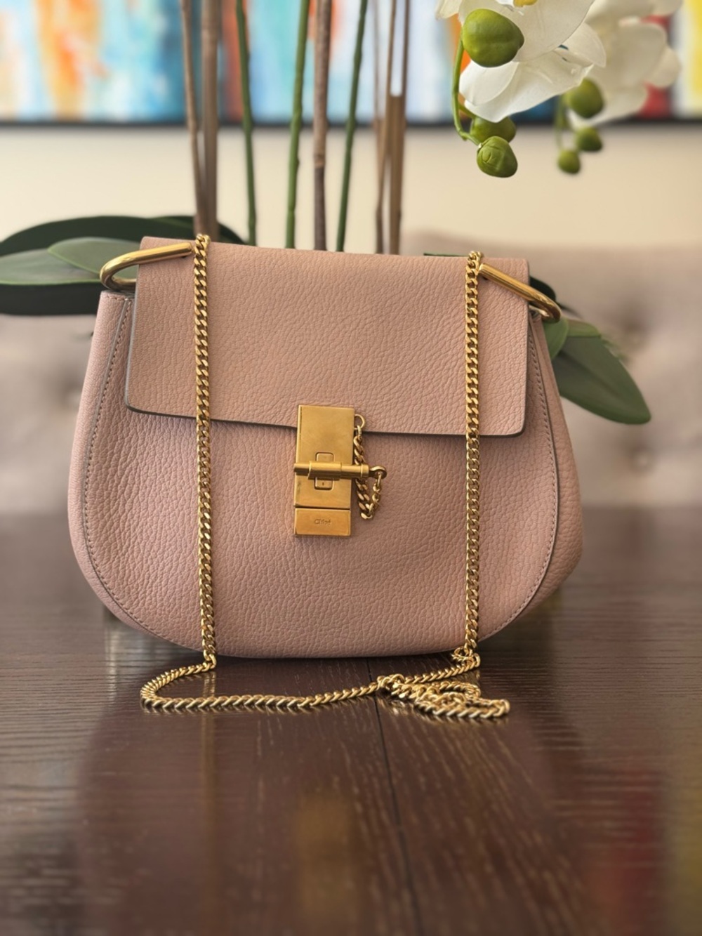 Chloé Drew Mini Shoulder Bag in Cement Pink leather.